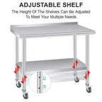 Stainless Steel Prep Table with Backsplash, Adjustable Undershelf and 4 Caster Wheels, Commercial Heavy Duty Table with Adjustable Under Shelf