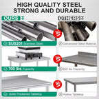 Stainless Steel Prep Table with Backsplash, Adjustable Undershelf and 4 Caster Wheels, Commercial Heavy Duty Table with Adjustable Under Shelf