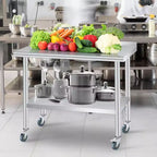 Stainless Steel Prep Table with Backsplash, Adjustable Undershelf and 4 Caster Wheels, Commercial Heavy Duty Table with Adjustable Under Shelf