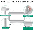 Stainless Steel Prep Table with Backsplash, Adjustable Undershelf and 4 Caster Wheels, Commercial Heavy Duty Table with Adjustable Under Shelf