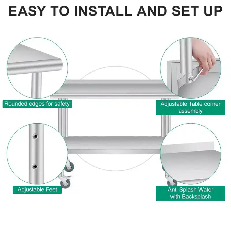 Stainless Steel Prep Table with Backsplash, Adjustable Undershelf and 4 Caster Wheels, Commercial Heavy Duty Table with Adjustable Under Shelf
