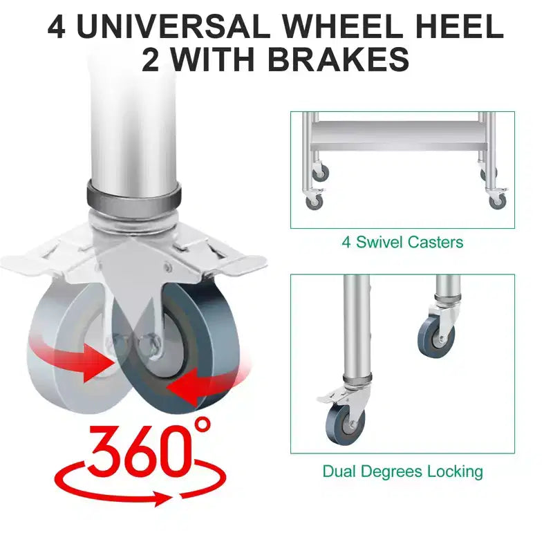 Stainless Steel Prep Table with Backsplash, Adjustable Undershelf and 4 Caster Wheels, Commercial Heavy Duty Table with Adjustable Under Shelf