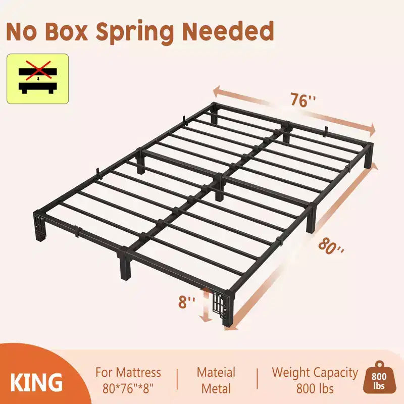 8 Inch King Size Metal Bed Frame, Low Profile Platform with Sturdy Mattress Foundation, Noise Free Easy Assembly, No Box Spring Needed