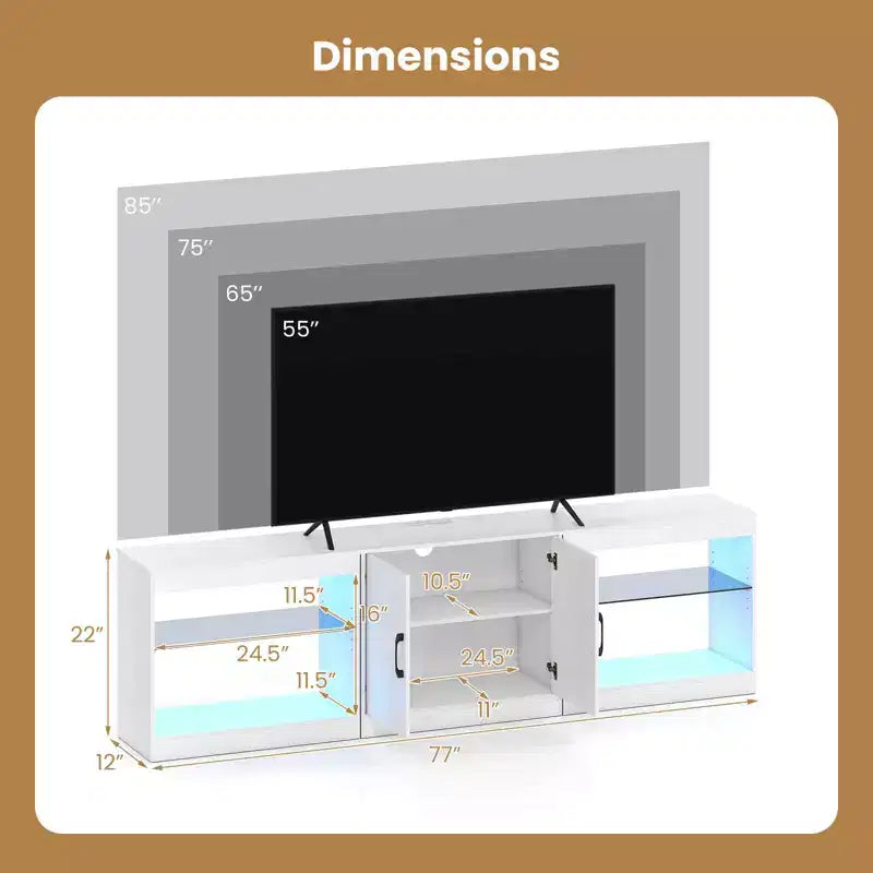 TV Stand with Power Outlets Adjustable LED Lights Storage Cabinet for TVs up to 85 Black/White