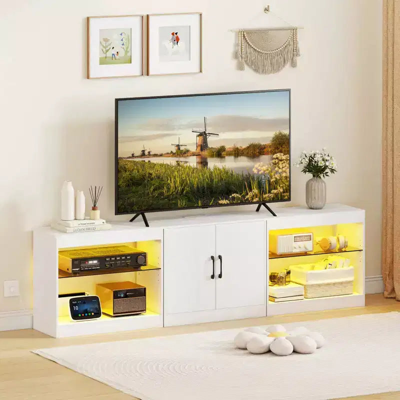 TV Stand with Power Outlets Adjustable LED Lights Storage Cabinet for TVs up to 85 Black/White