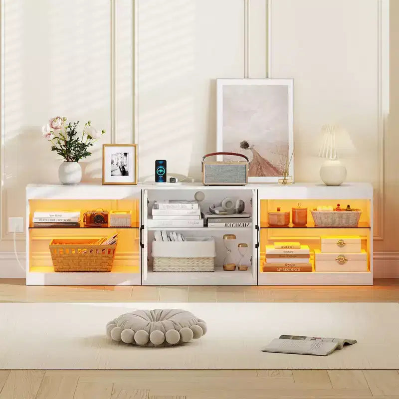 TV Stand with Power Outlets Adjustable LED Lights Storage Cabinet for TVs up to 85 Black/White