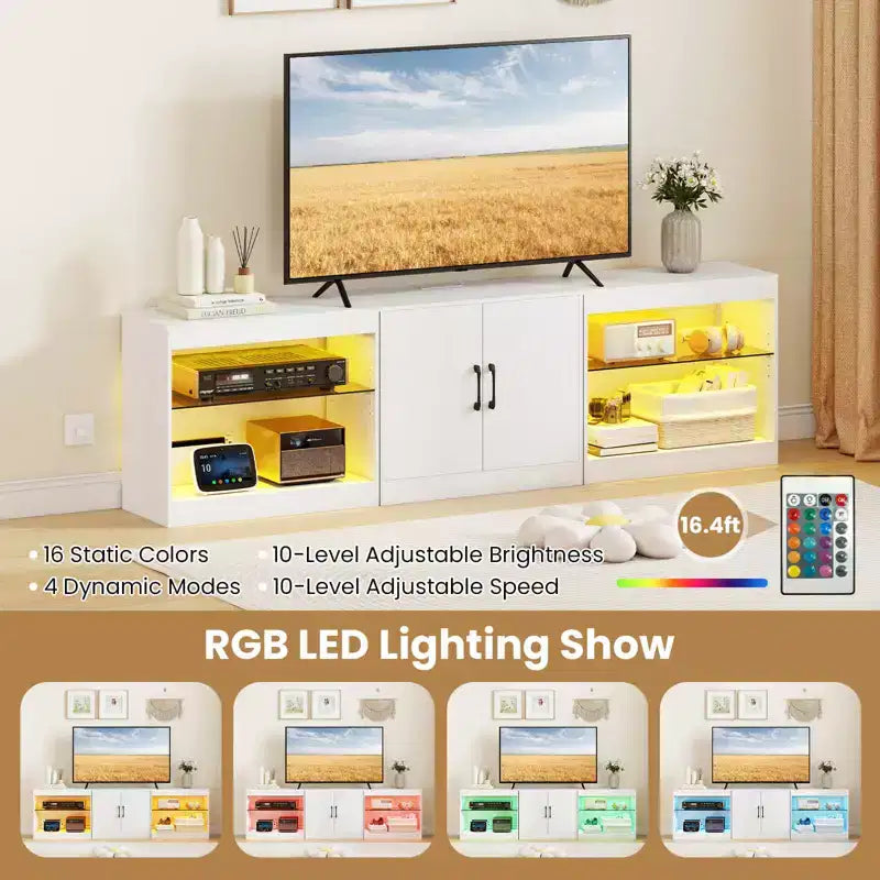 TV Stand with Power Outlets Adjustable LED Lights Storage Cabinet for TVs up to 85 Black/White