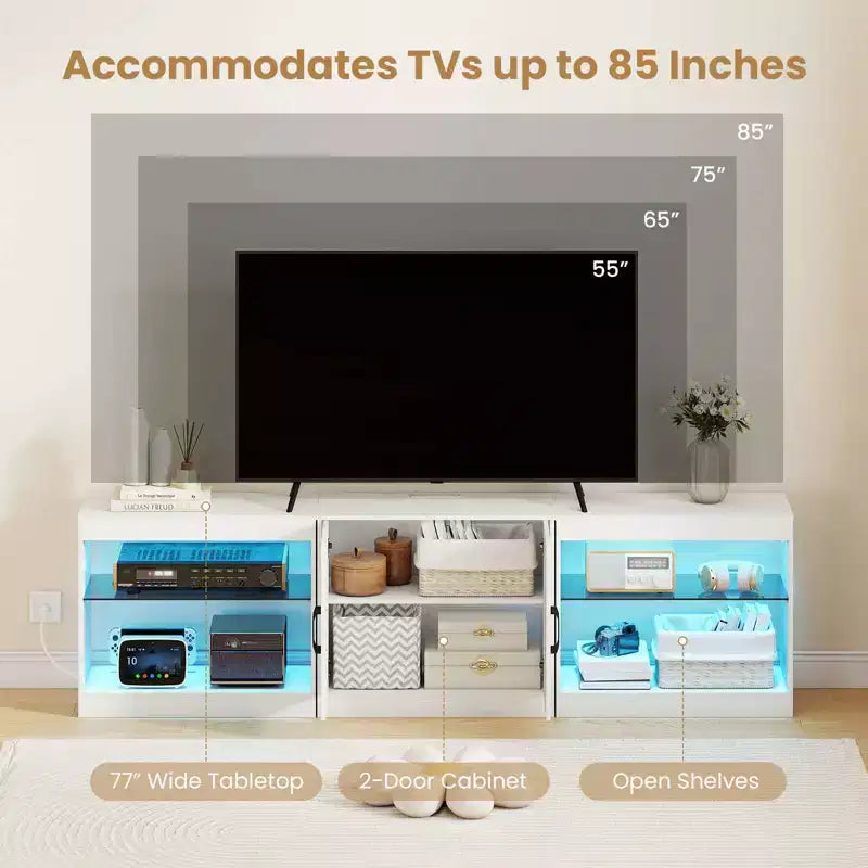 TV Stand with Power Outlets Adjustable LED Lights Storage Cabinet for TVs up to 85 Black/White