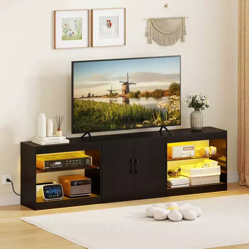 TV Stand with Power Outlets Adjustable LED Lights Storage Cabinet for TVs up to 85 Black/White