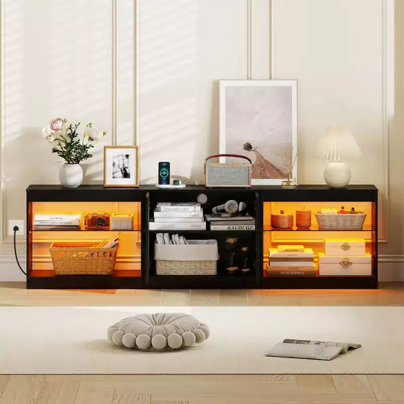 TV Stand with Power Outlets Adjustable LED Lights Storage Cabinet for TVs up to 85 Black/White