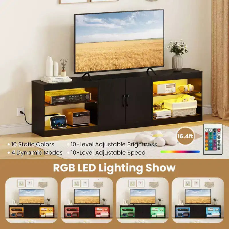 TV Stand with Power Outlets Adjustable LED Lights Storage Cabinet for TVs up to 85 Black/White