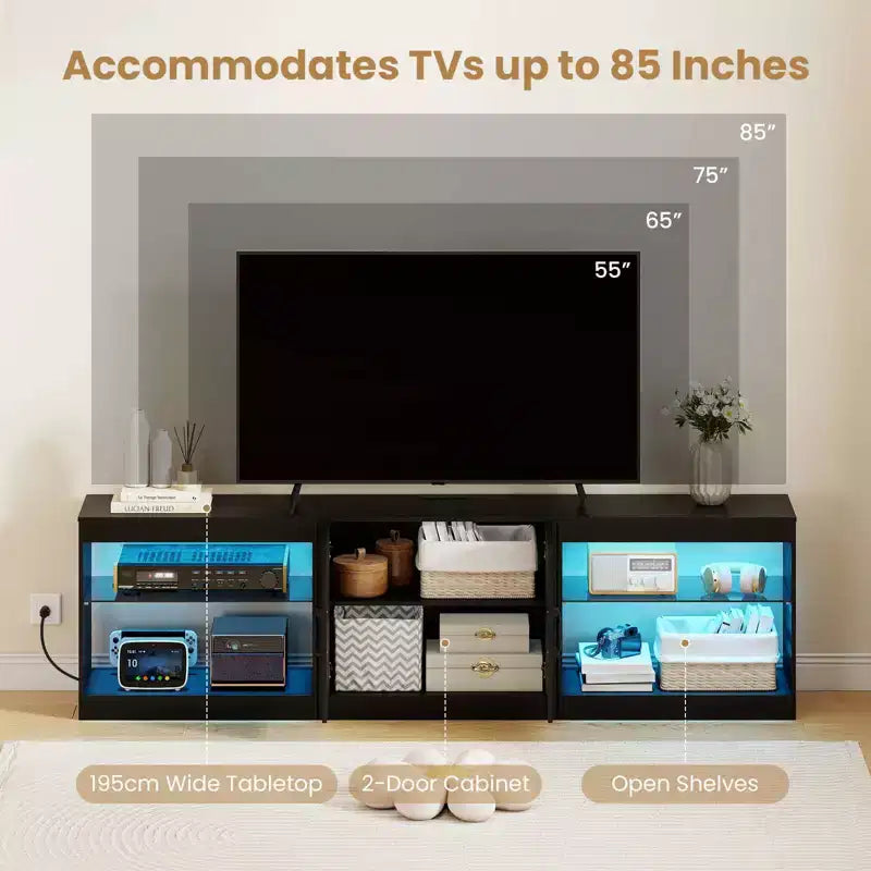 TV Stand with Power Outlets Adjustable LED Lights Storage Cabinet for TVs up to 85 Black/White