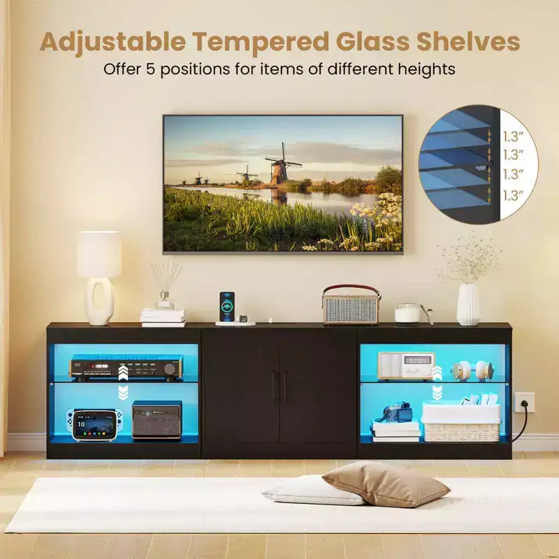 TV Stand with Power Outlets Adjustable LED Lights Storage Cabinet for TVs up to 85 Black/White