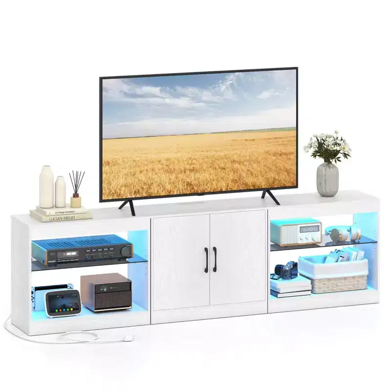 TV Stand with Power Outlets Adjustable LED Lights Storage Cabinet for TVs up to 85 Black/White