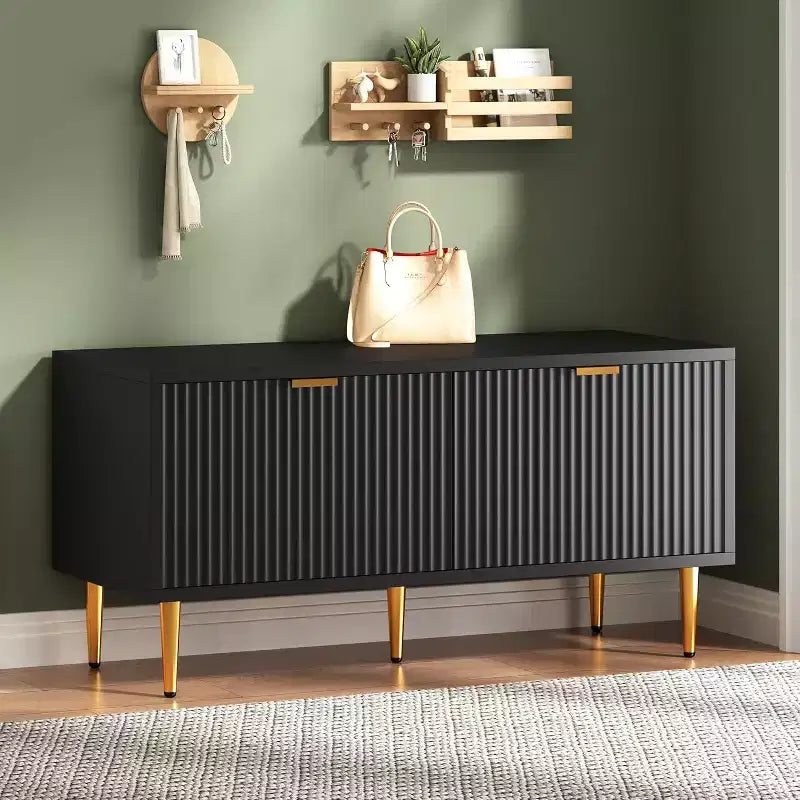 Shoe Cabinet, Fluted Entryway Bench with 2 Doors, Shoe Storage Bench for Hallway, Living Room, Bedroom