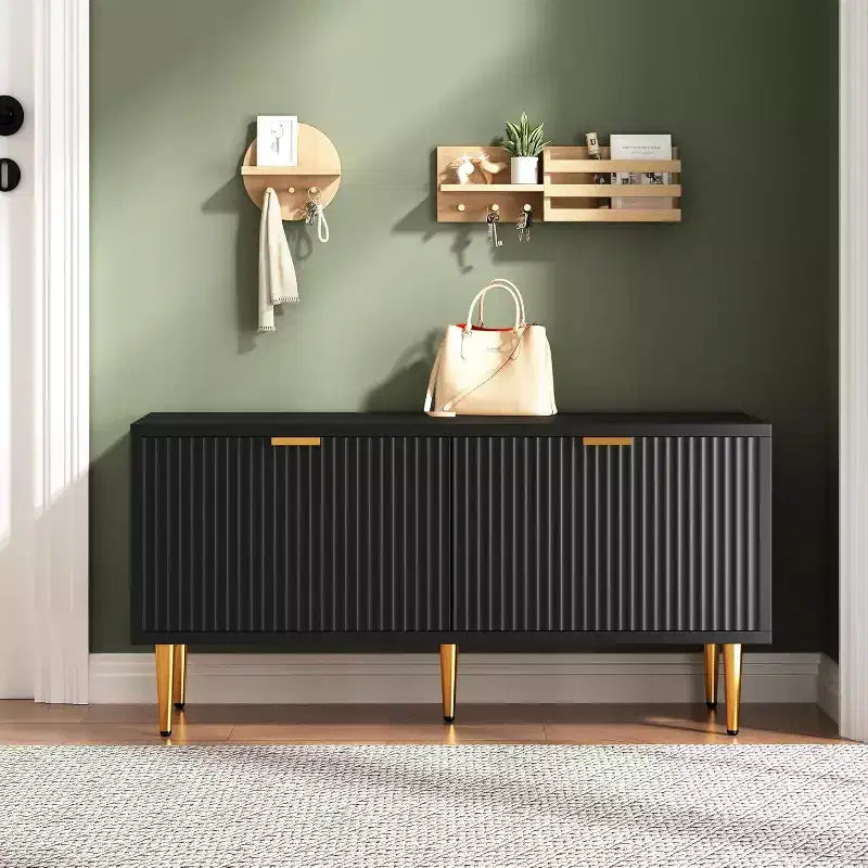 Shoe Cabinet, Fluted Entryway Bench with 2 Doors, Shoe Storage Bench for Hallway, Living Room, Bedroom