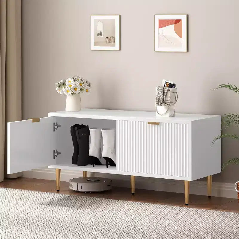 Shoe Cabinet, Fluted Entryway Bench with 2 Doors, Shoe Storage Bench for Hallway, Living Room, Bedroom