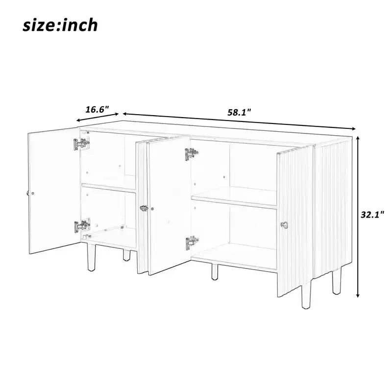 Modern Elegant Sideboard with 4 Wavy Pattern Doors and Cylindrical Legs, 58'' Storage Cabinets with Adjustable Shelves, Accent Entryway