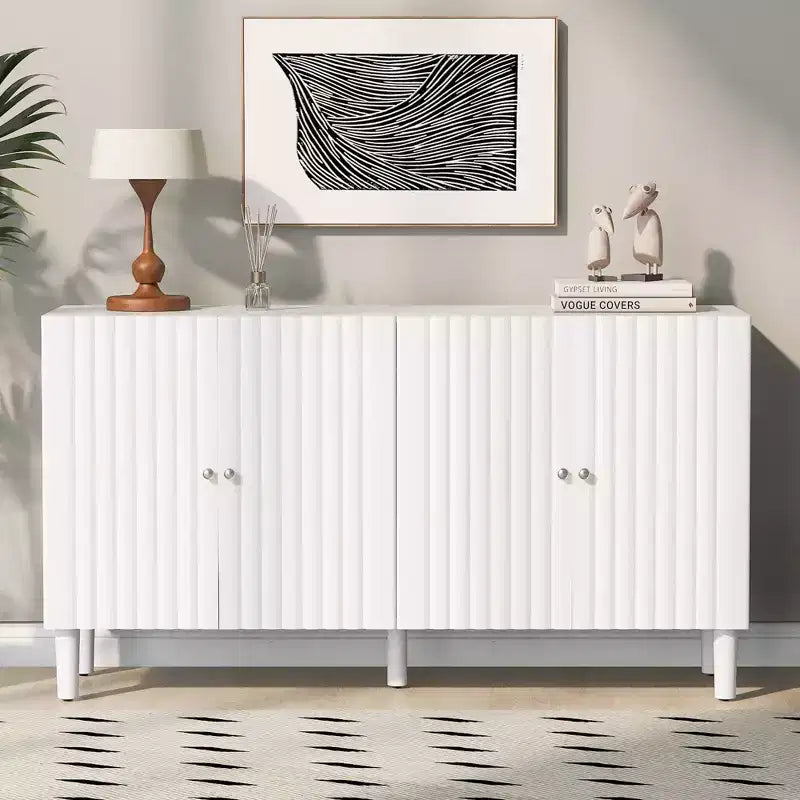 Modern Elegant Sideboard with 4 Wavy Pattern Doors and Cylindrical Legs, 58'' Storage Cabinets with Adjustable Shelves, Accent Entryway