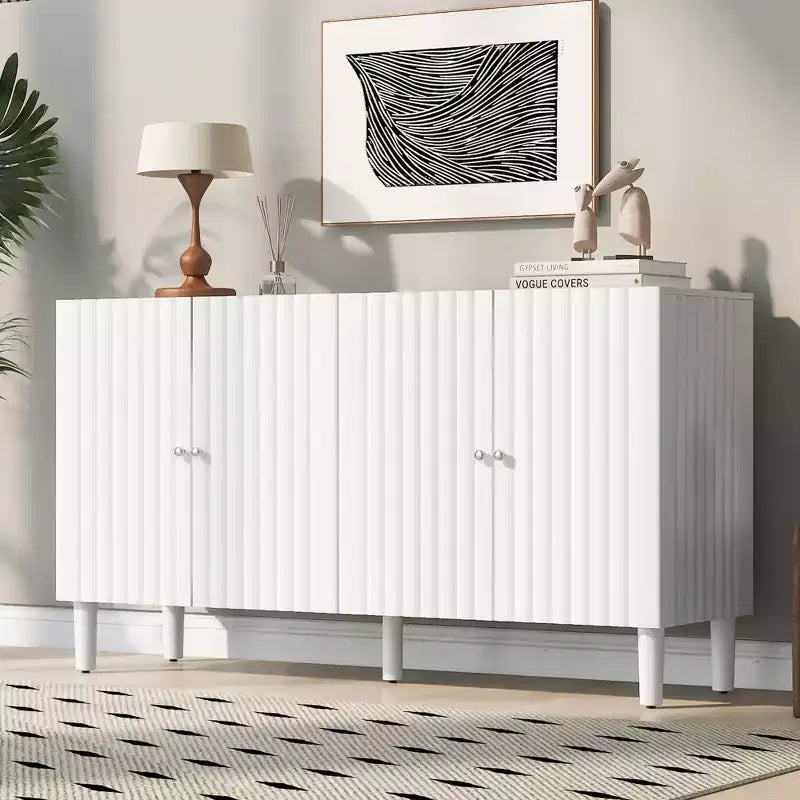 Modern Elegant Sideboard with 4 Wavy Pattern Doors and Cylindrical Legs, 58'' Storage Cabinets with Adjustable Shelves, Accent Entryway