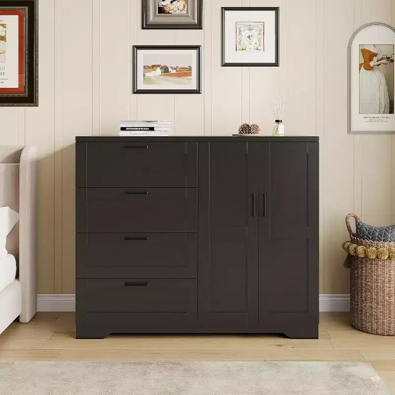 43.3 Inch Black Storage Dresser with 4 Drawers and Hanging Rod, Multifunctional Organizer for Bedroom, Easy Assembly
