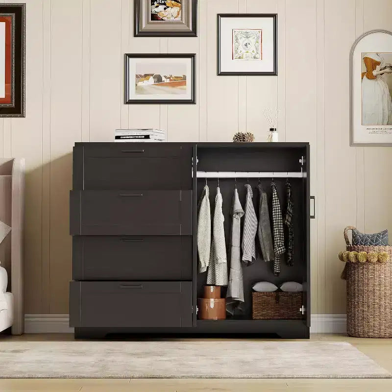 43.3 Inch Black Storage Dresser with 4 Drawers and Hanging Rod, Multifunctional Organizer for Bedroom, Easy Assembly