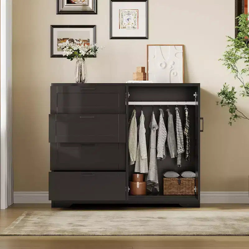 43.3 Inch Black Storage Dresser with 4 Drawers and Hanging Rod, Multifunctional Organizer for Bedroom, Easy Assembly