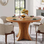 47.24-Inch Round Dining Table for 4-6, Farmhouse Kitchen Table with Pedestal Base, Small Dinner Table for Dining Room, Living Room, Brown