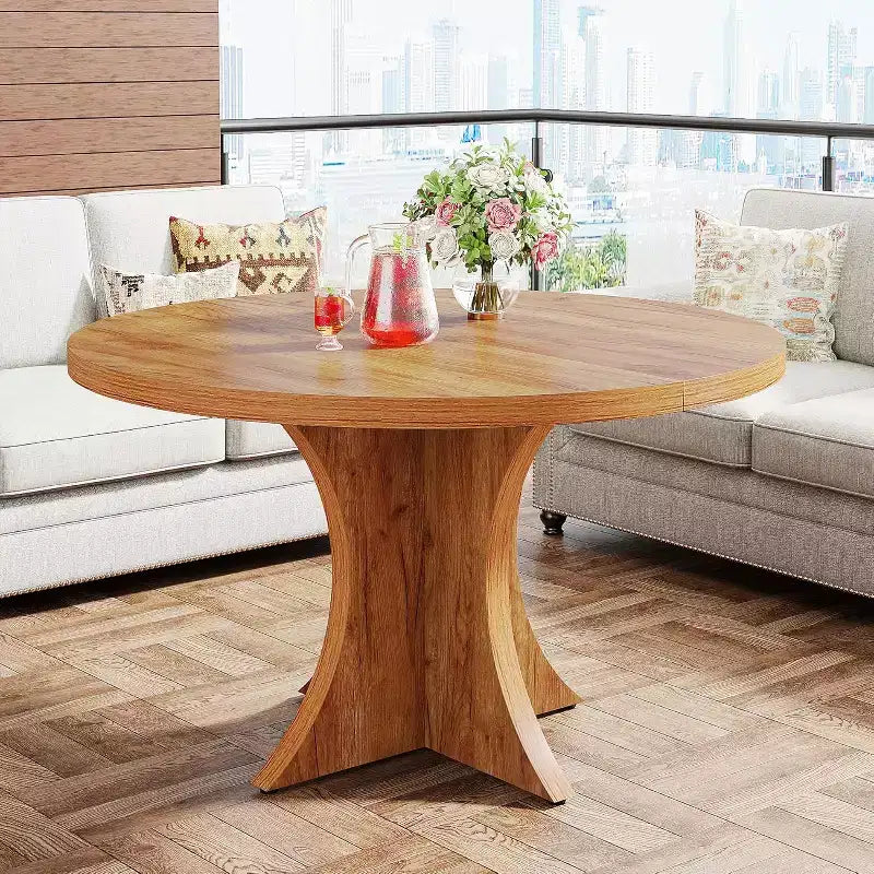 47.24-Inch Round Dining Table for 4-6, Farmhouse Kitchen Table with Pedestal Base, Small Dinner Table for Dining Room, Living Room, Brown