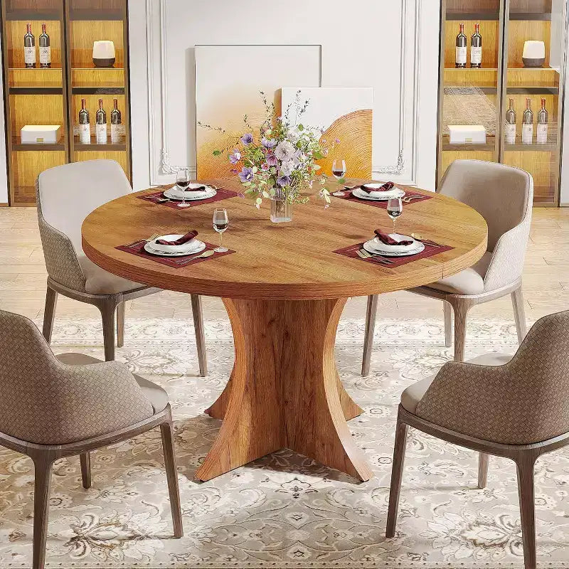 47.24-Inch Round Dining Table for 4-6, Farmhouse Kitchen Table with Pedestal Base, Small Dinner Table for Dining Room, Living Room, Brown