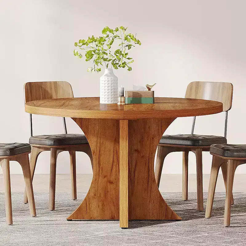 47.24-Inch Round Dining Table for 4-6, Farmhouse Kitchen Table with Pedestal Base, Small Dinner Table for Dining Room, Living Room, Brown