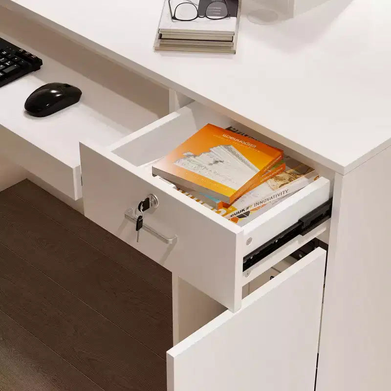 White Multi-Function Reception Desk Cash Register: Lockable Storage + LED Display Shelves + Keyboard Tray Modern Cash Register/Welcome Station