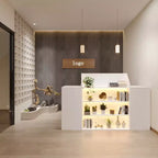 White Multi-Function Reception Desk Cash Register: Lockable Storage + LED Display Shelves + Keyboard Tray Modern Cash Register/Welcome Station