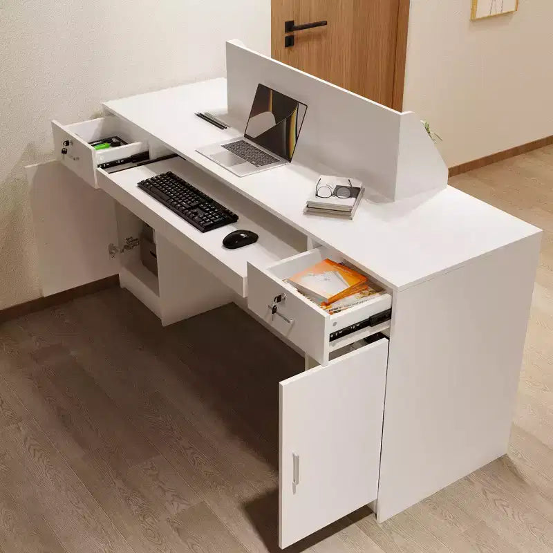 White Multi-Function Reception Desk Cash Register: Lockable Storage + LED Display Shelves + Keyboard Tray Modern Cash Register/Welcome Station