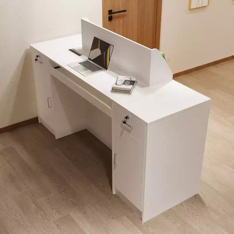 White Multi-Function Reception Desk Cash Register: Lockable Storage + LED Display Shelves + Keyboard Tray Modern Cash Register/Welcome Station