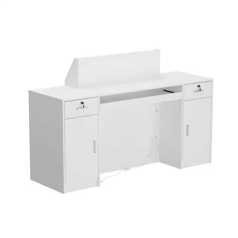 White Multi-Function Reception Desk Cash Register: Lockable Storage + LED Display Shelves + Keyboard Tray Modern Cash Register/Welcome Station