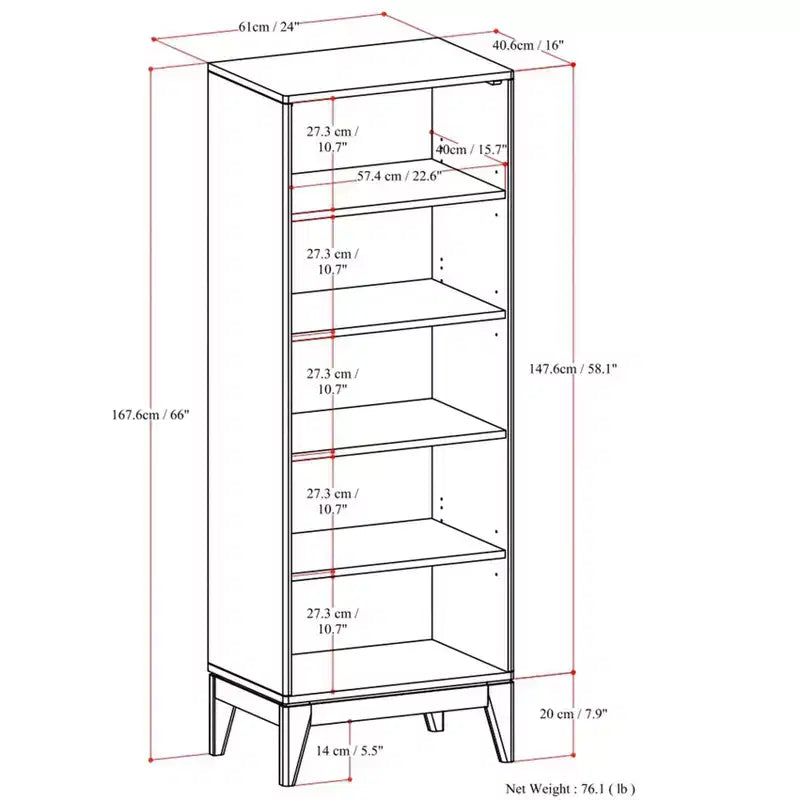 SOLID HARDWOOD 66 inch x 24 inch Mid Century Modern 5 Shelf Bookcase