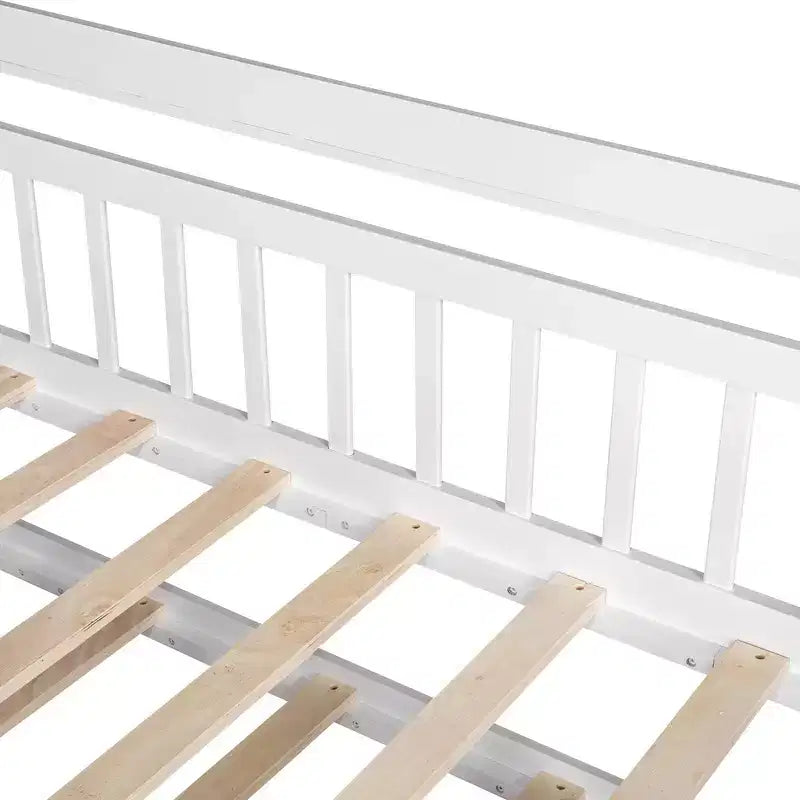 Twin size Wooden House Bed Frame, Kids Bed with Trundle, Shelf, Safe Guardrails