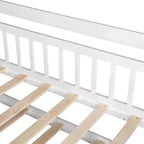 Twin size Wooden House Bed Frame, Kids Bed with Trundle, Shelf, Safe Guardrails