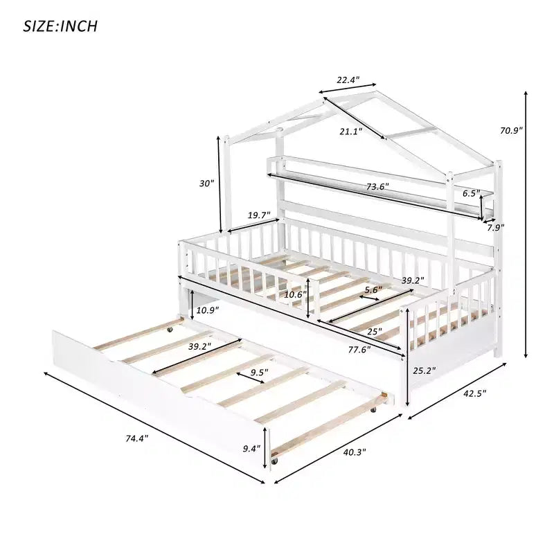 Twin size Wooden House Bed Frame, Kids Bed with Trundle, Shelf, Safe Guardrails