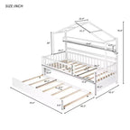 Twin size Wooden House Bed Frame, Kids Bed with Trundle, Shelf, Safe Guardrails