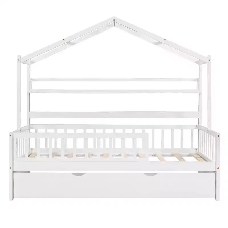 Twin size Wooden House Bed Frame, Kids Bed with Trundle, Shelf, Safe Guardrails