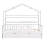 Twin size Wooden House Bed Frame, Kids Bed with Trundle, Shelf, Safe Guardrails
