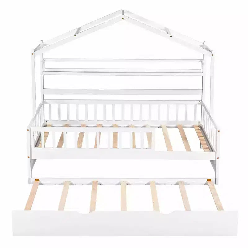 Twin size Wooden House Bed Frame, Kids Bed with Trundle, Shelf, Safe Guardrails