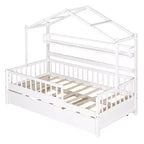 Twin size Wooden House Bed Frame, Kids Bed with Trundle, Shelf, Safe Guardrails