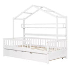Twin size Wooden House Bed Frame, Kids Bed with Trundle, Shelf, Safe Guardrails