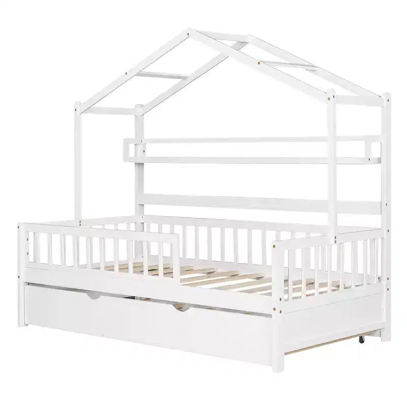 Twin size Wooden House Bed Frame, Kids Bed with Trundle, Shelf, Safe Guardrails