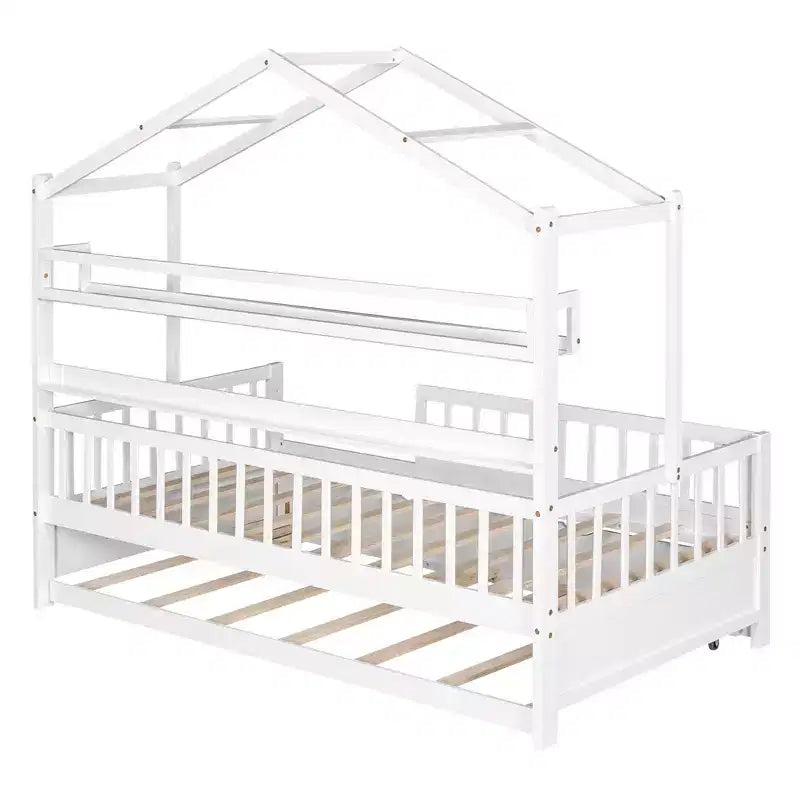 Twin size Wooden House Bed Frame, Kids Bed with Trundle, Shelf, Safe Guardrails