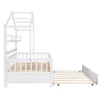 Twin size Wooden House Bed Frame, Kids Bed with Trundle, Shelf, Safe Guardrails