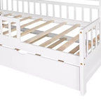 Twin size Wooden House Bed Frame, Kids Bed with Trundle, Shelf, Safe Guardrails